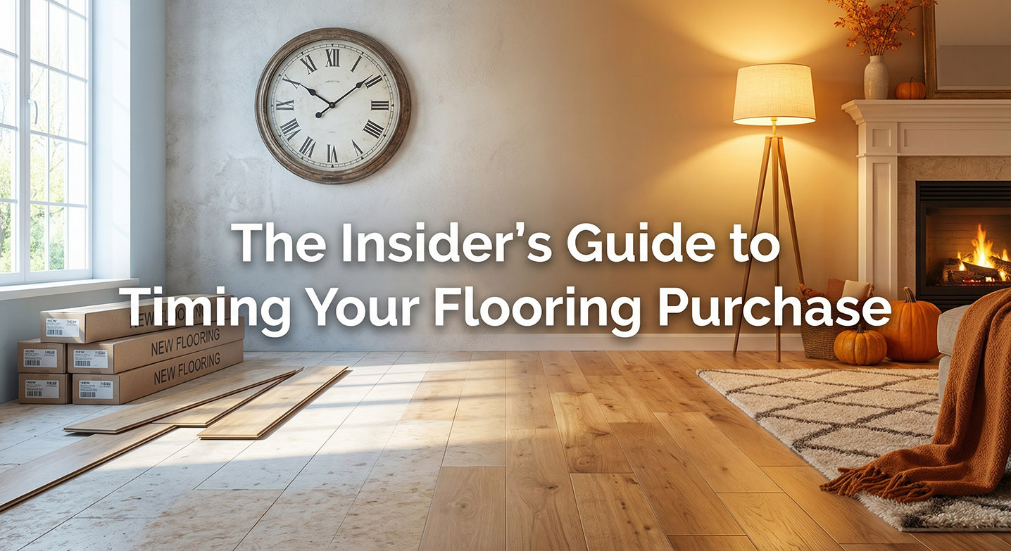 A beautiful living room with the text overlapping the image saying The insiders guide to timing your flooring purchase