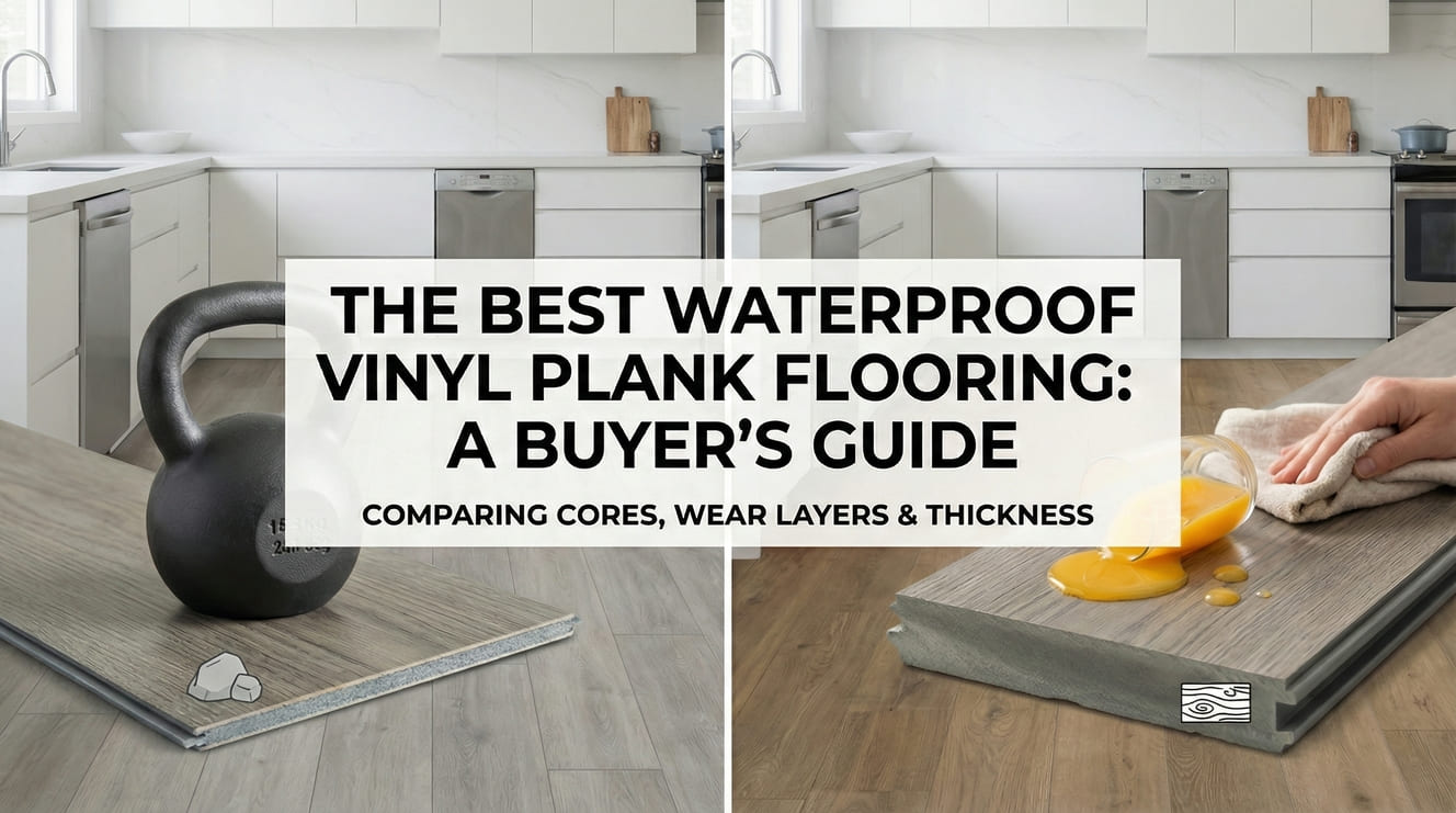 A side by side image showing a spc vinyl plank product and a wpc vinyl plank product to showcase the visual and structural differences between these two waterproof lvp flooring options 