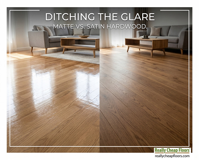 Dicthing the glare text on top of a glossy hardwood floor next to a low gloss hardwood floor in a small modern living room