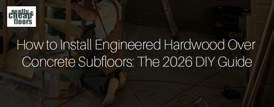 How to Install Engineered Hardwood Over Concrete Subfloors The 2026 DIY Guide this text is covering a darkened image of construction workers prep the concrete subfloor for the hardwood they bought