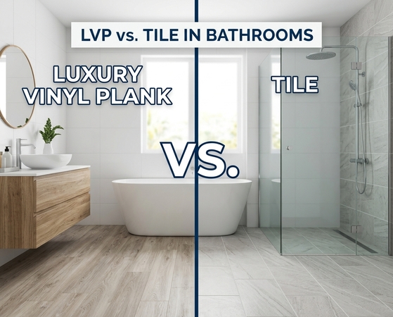 LVP is featured in a bathroom on the left and the same bathroom has a tile floor on the right to show the differences in bathrooms