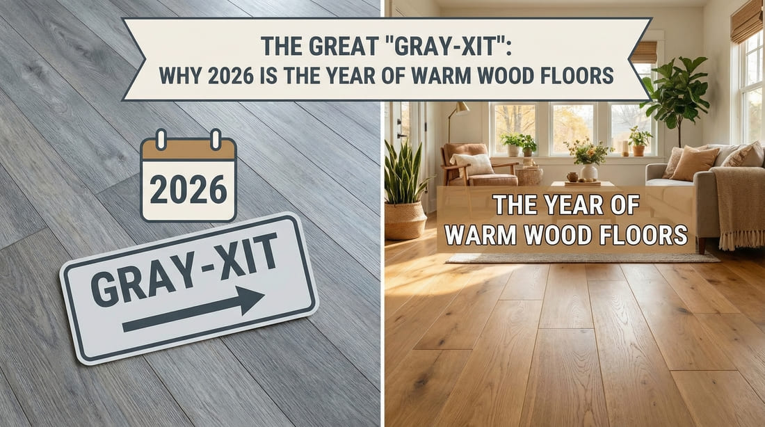 a gray wood floor with an exit sign pointing to a warm wood floor in a modern living room to signify the old grey style with the new light wood style in decor
