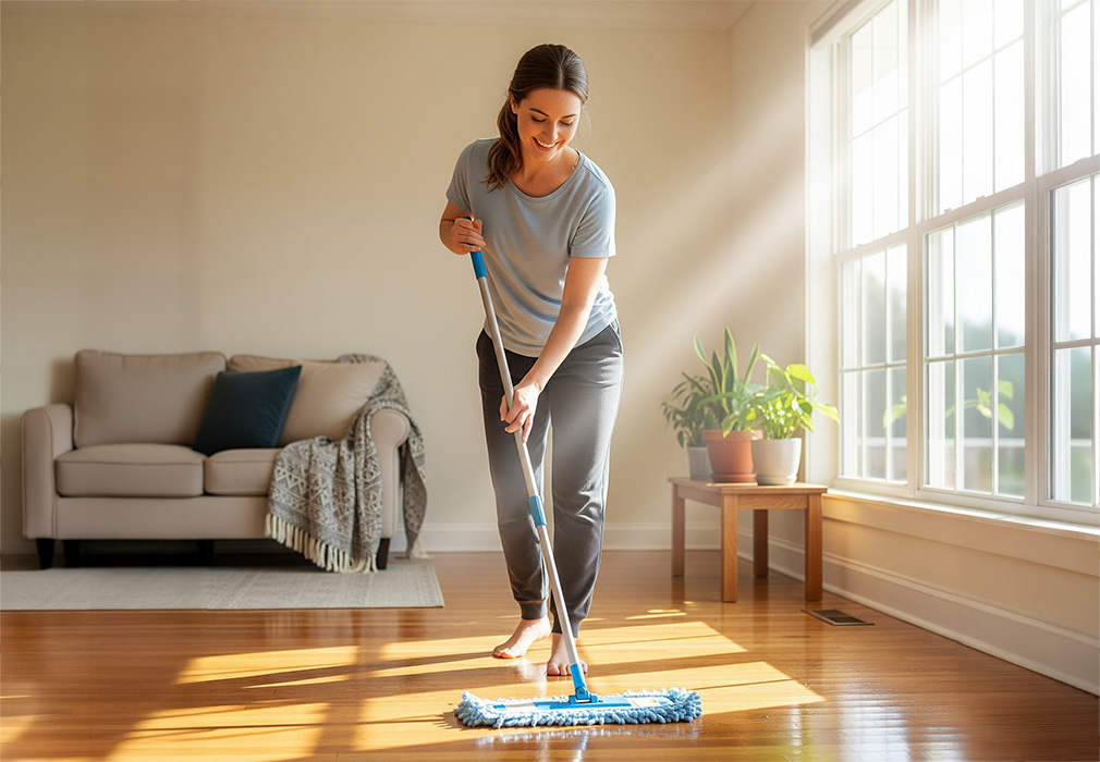 a mom cleaning her beautiful engineered flooring