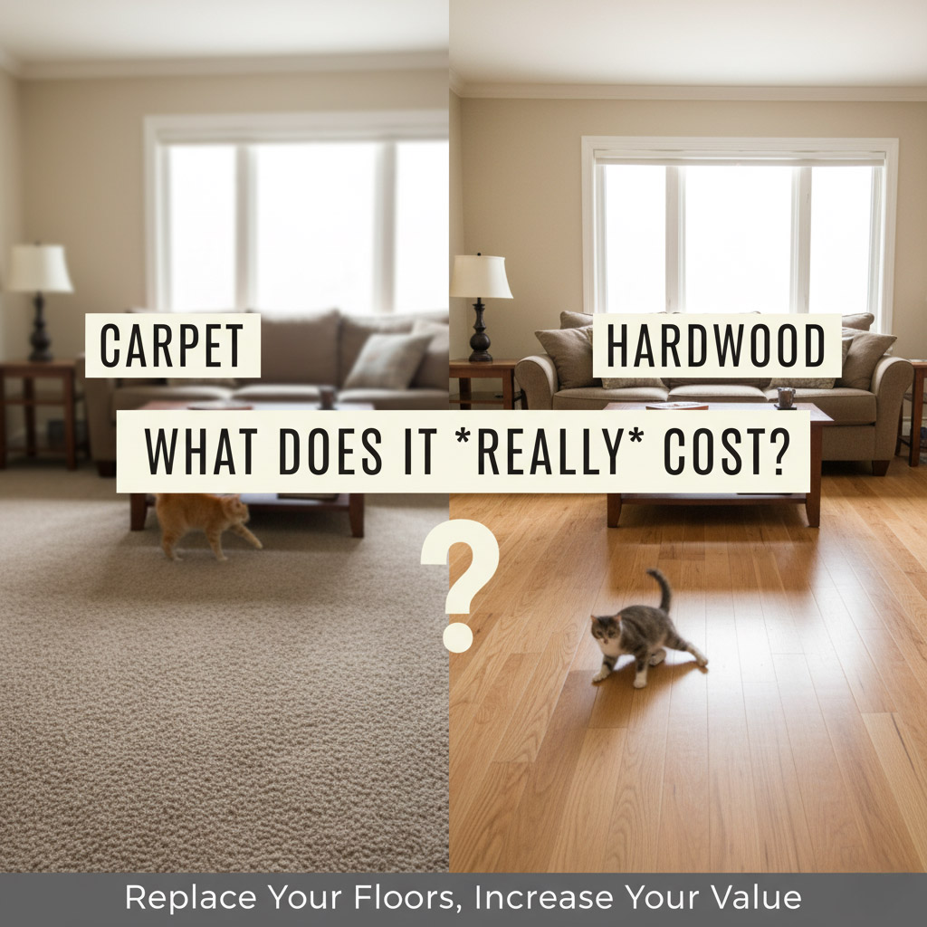 a side by side image of a living room with carpet and a living room with hardwood