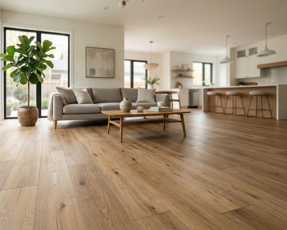a wide angle photograph of a living room with luxury vinyl plank on display from a low vantage point to make the room feel more expansive and roomy
