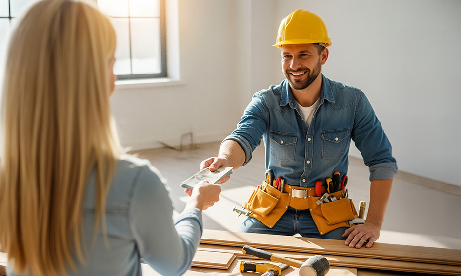 a woman paying the installation cost for her new vinyl plank flooring