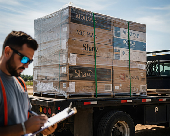 contractor hauling a large order of flooring from really cheap floors