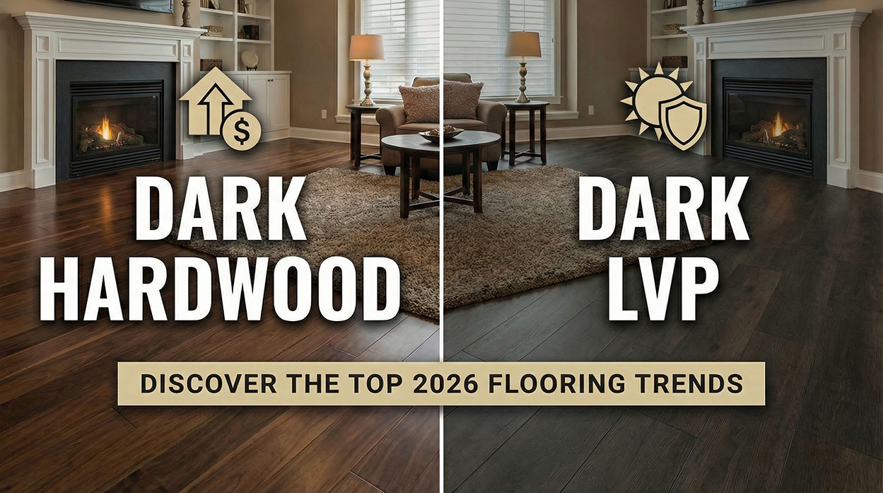 dark hardwood vs dark lvp side by side image of the same living room but with different floors to reflect the topic at hand
