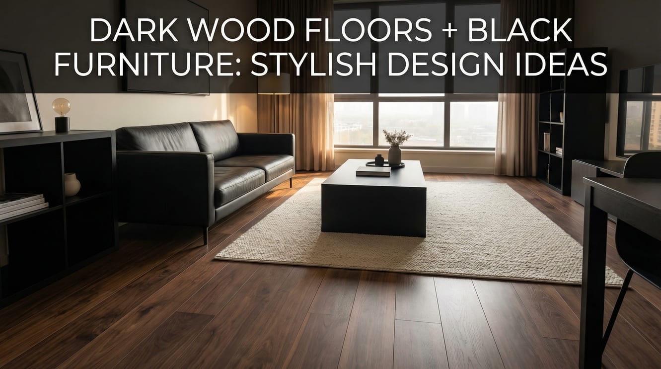 dark wood floors black furniture in a living room with a white area rug and light colored accent pieces to even out the home decore vision