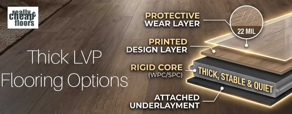 Thick Lvp Flooring options with a cross section of a vinyl rigid core product