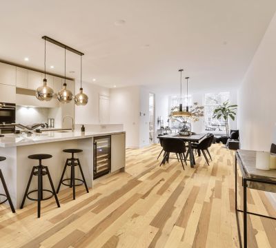 Distressed Light Natural Hickory Hardwood Floor in a modern kitchen