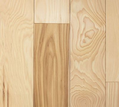 3/4 prefinished hickory hardwood flooring  close up image of the wood grain, natural finish, and cabin grade USA made quality to make this an obvious choice for people who love a natural hickory floor