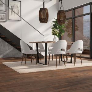 Dark Engineered Wire Brushed Distressed Finish 1st quality Hardwood with a seven and a half inch wide plank in the evening whiskey color in a dining room