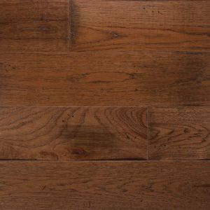 6 inch wide plank hickory saddle hardwood in a kitchen dark wood stain