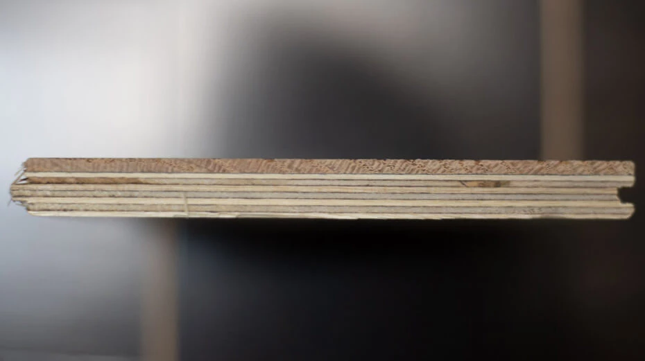 Engineered hardwood wear layer and core layers exposed