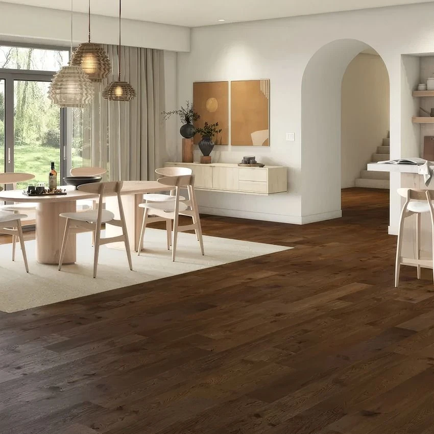 Duet Rhett's Desire dark wide plank engineered hardwood in a modern living and dining room