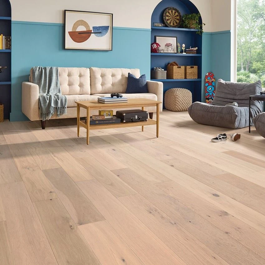 Noble's Way Winter River wide plank engineered hardwood in a modern room setting