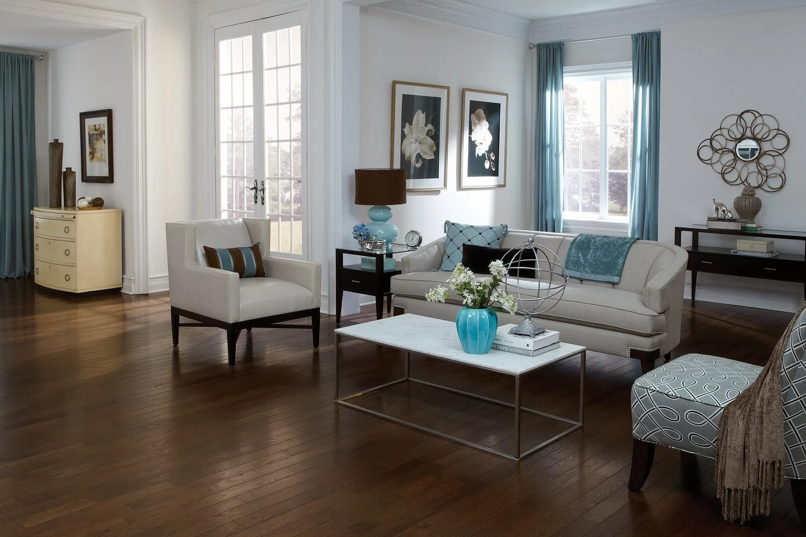 Modern room with Antique S Mystic wirebrushed solid hardwood flooring