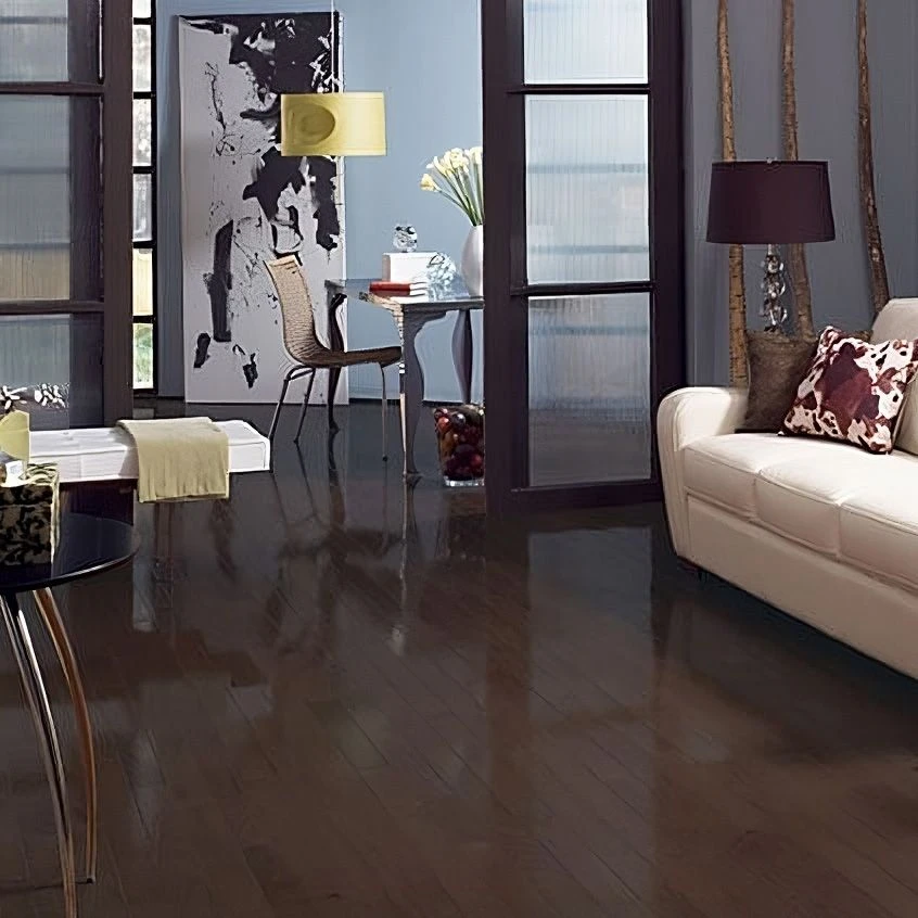 Elegant room with dark Chateau Oak solid hardwood flooring in a Shadow color